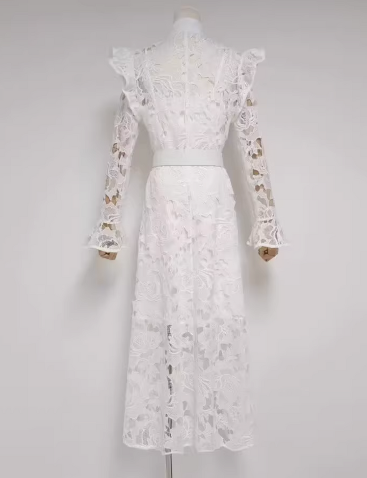 ODD- long-sleeve lace midi dress with belt – Tesoro