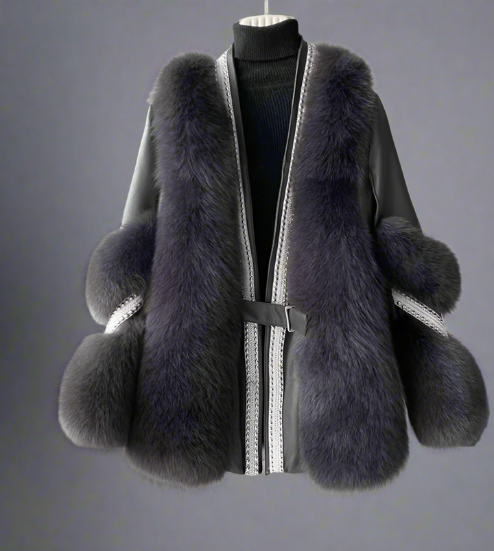 belted faux fur jacket with embellished trim - Feywetr