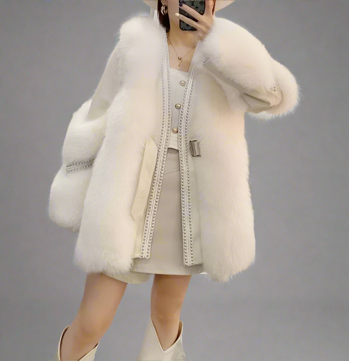 belted faux fur jacket with embellished trim - Feywetr