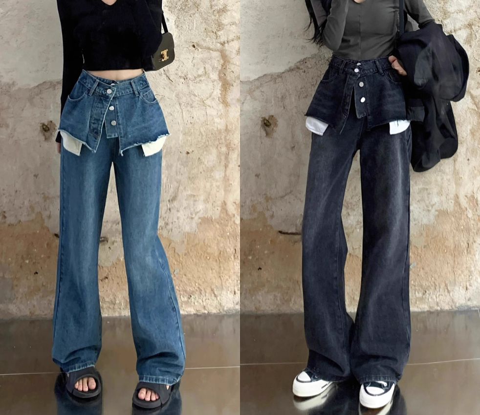 layered denim wide-leg pants with faux skirt overlay - Finepop