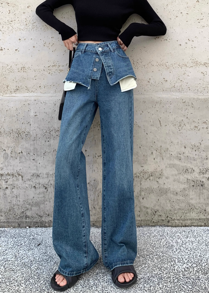 layered denim wide-leg pants with faux skirt overlay - Finepop
