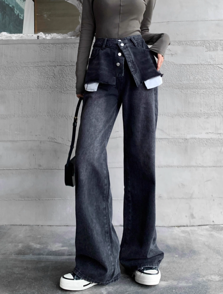 layered denim wide-leg pants with faux skirt overlay - Finepop