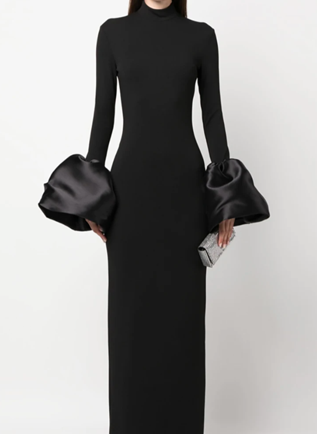 High-neck gown with oversized satin cuffs – Gioconda