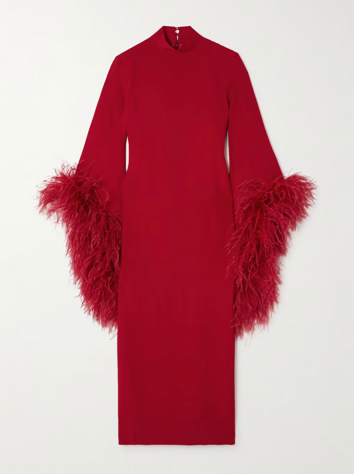 feather-trim midi dress with high neckline – Daale