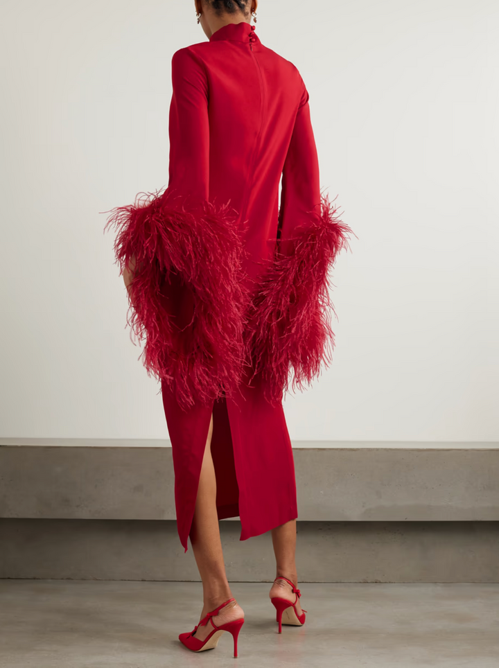 feather-trim midi dress with high neckline – Daale