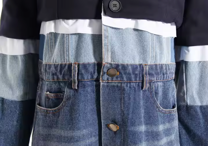 color-block denim panel longline jacket - Zalien