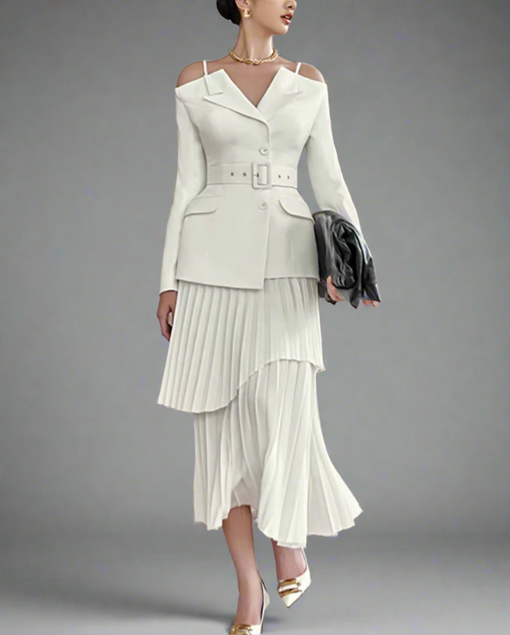 Off-shoulder belted blazer with pleated skirt - Atiju