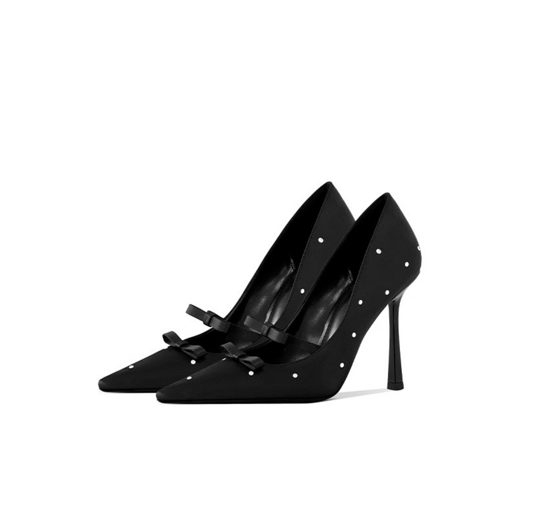 Pearl-Embellished Double Bow Satin Pumps – LILIAN