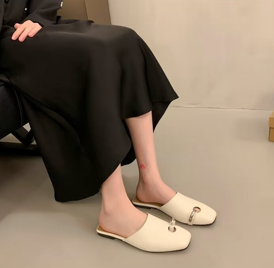 tan leather mules with silver ring detail – CELENA