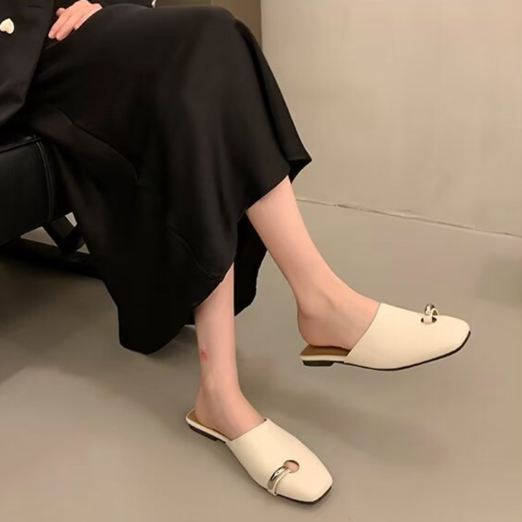 tan leather mules with silver ring detail – CELENA