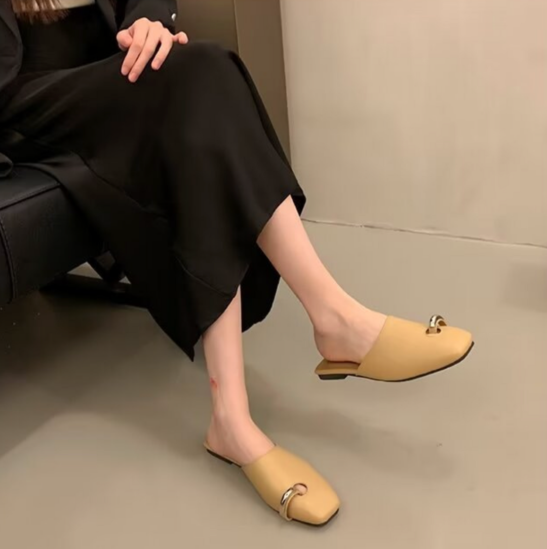 tan leather mules with silver ring detail – CELENA