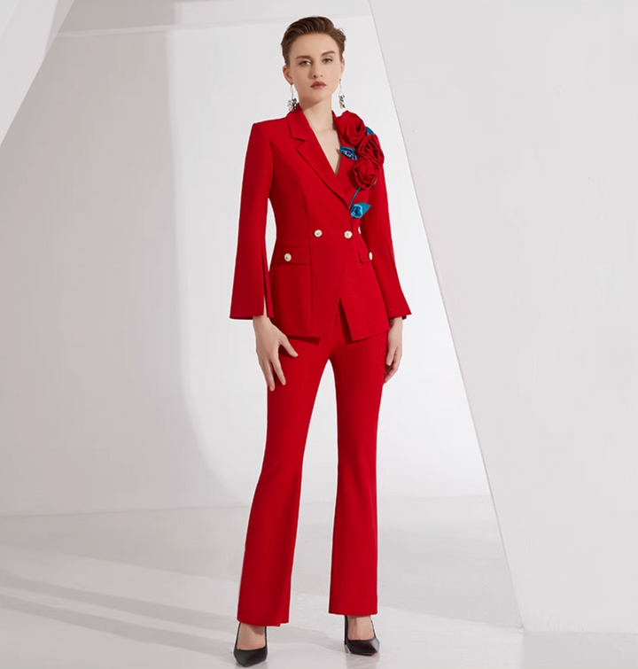 cape-sleeve blazer set with 3D floral appliqué – CARMEN