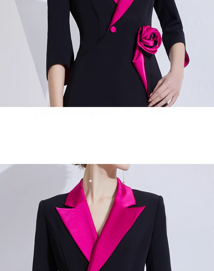 contrast-lapel blazer set with satin rose detail – VERENA