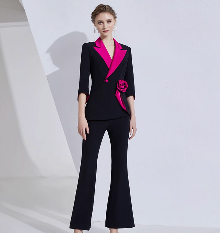 contrast-lapel blazer set with satin rose detail – VERENA