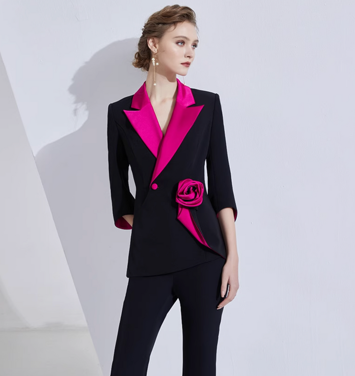 contrast-lapel blazer set with satin rose detail – VERENA