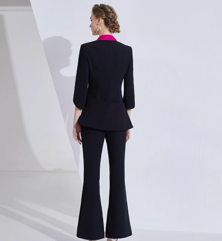 contrast-lapel blazer set with satin rose detail – VERENA