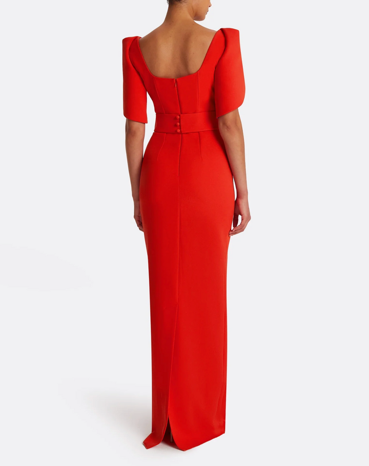 structured column gown with layered sculpted sleeves – FLAME