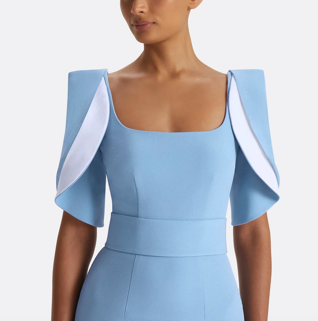 square-neck column gown with sculpted flutter sleeves – SKYLA