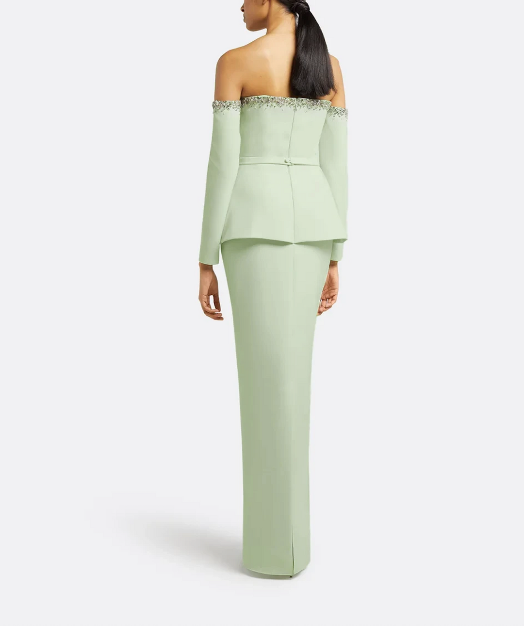 off-shoulder gown with embellished neckline and layered peplum – MINTELLE