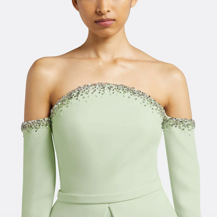 off-shoulder gown with embellished neckline and layered peplum – MINTELLE