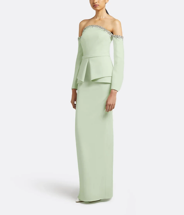 off-shoulder gown with embellished neckline and layered peplum – MINTELLE