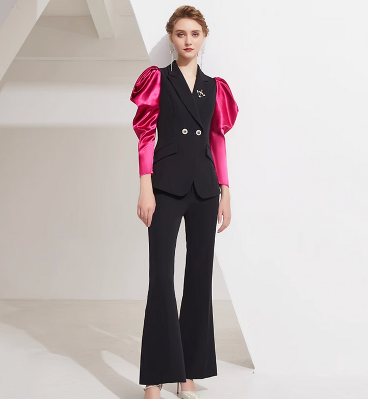 tailored flare suit with satin puff sleeves – VALENCIA