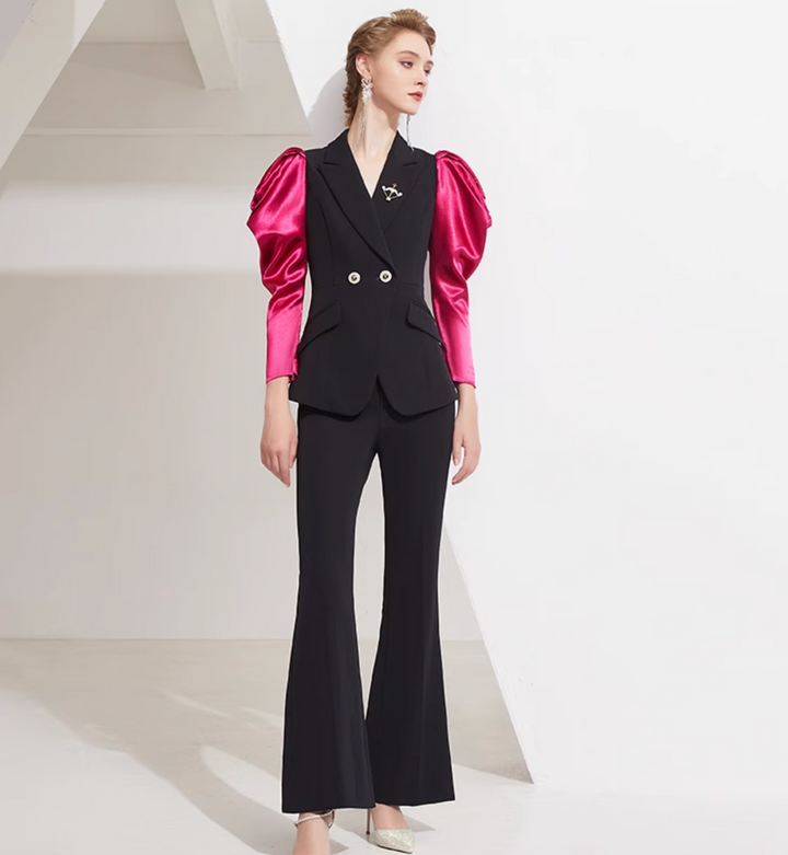 tailored flare suit with satin puff sleeves – VALENCIA