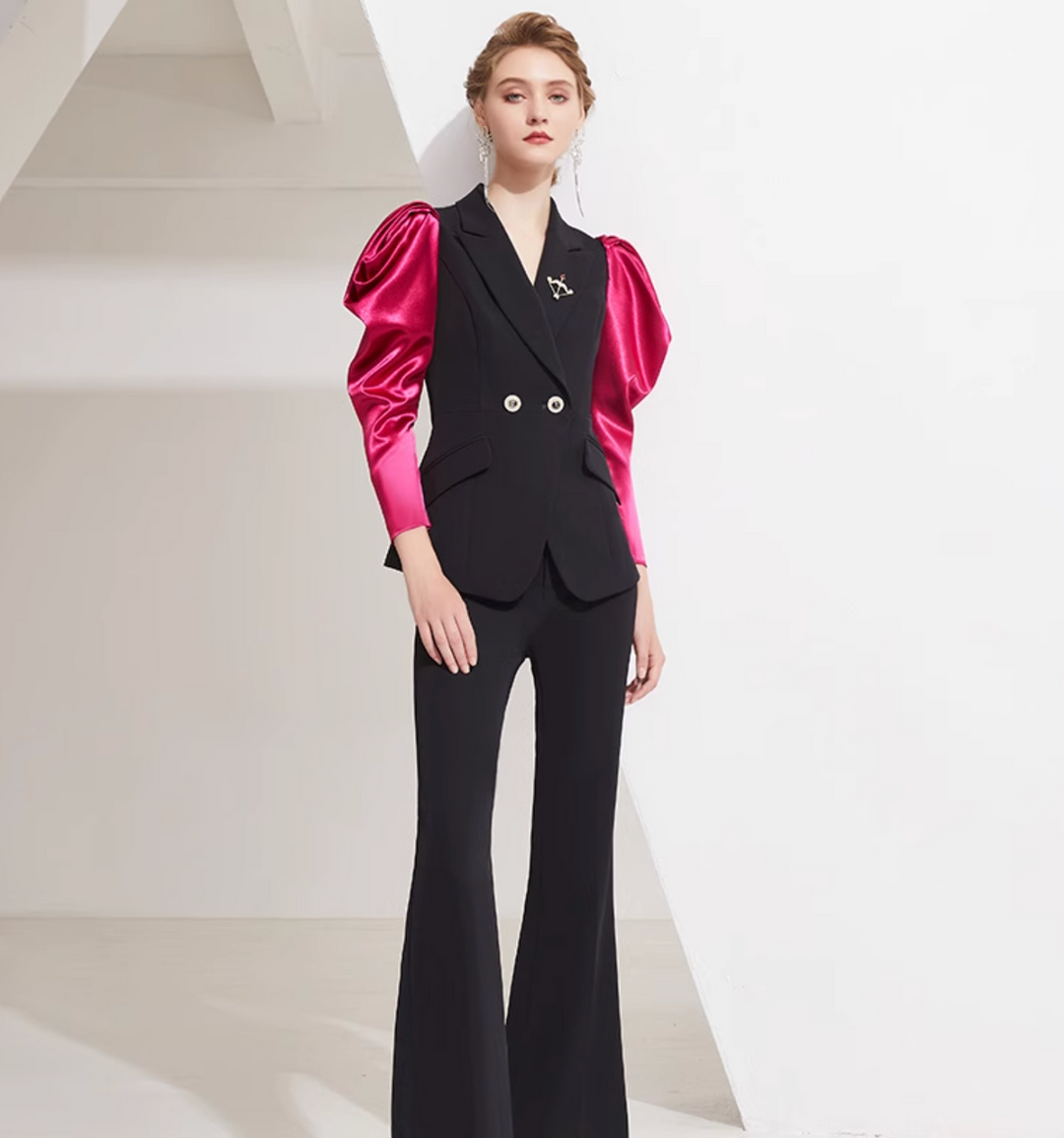 tailored flare suit with satin puff sleeves – VALENCIA