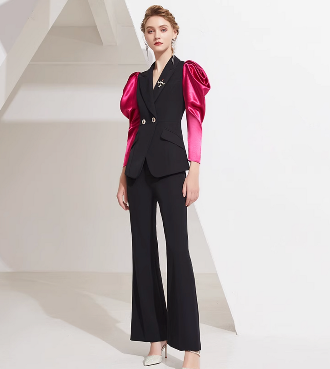 tailored flare suit with satin puff sleeves – VALENCIA