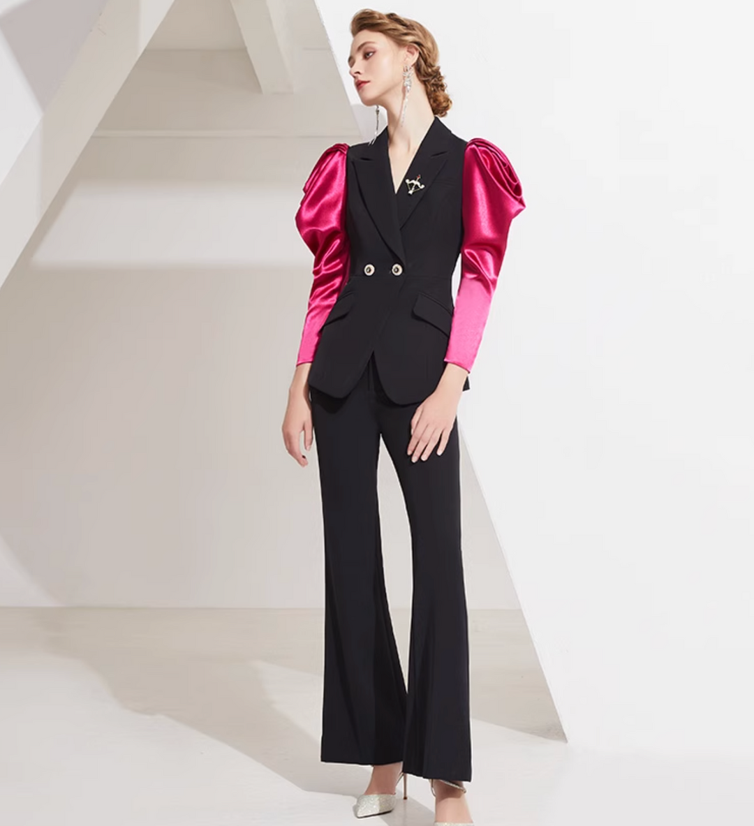 tailored flare suit with satin puff sleeves – VALENCIA