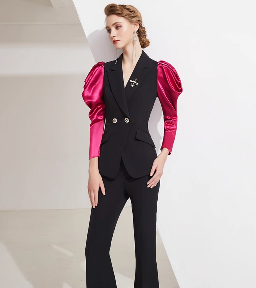 tailored flare suit with satin puff sleeves – VALENCIA