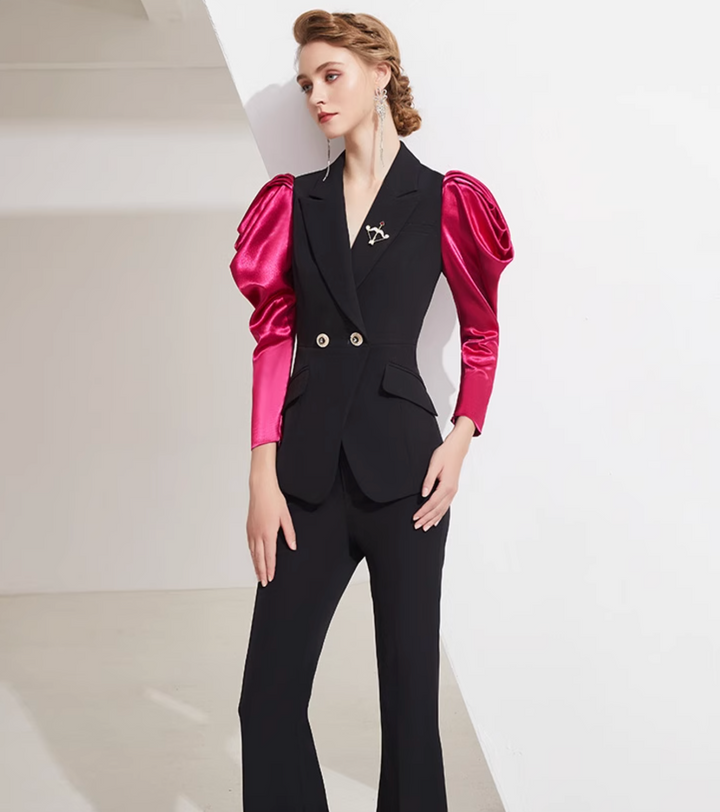 tailored flare suit with satin puff sleeves – VALENCIA