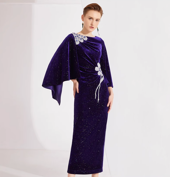 velvet cape-sleeve gown with crystal floral appliqué – MIDNIGHT
