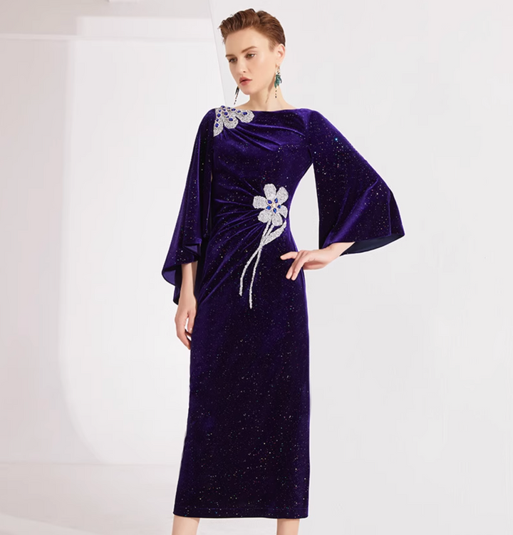 velvet cape-sleeve gown with crystal floral appliqué – MIDNIGHT