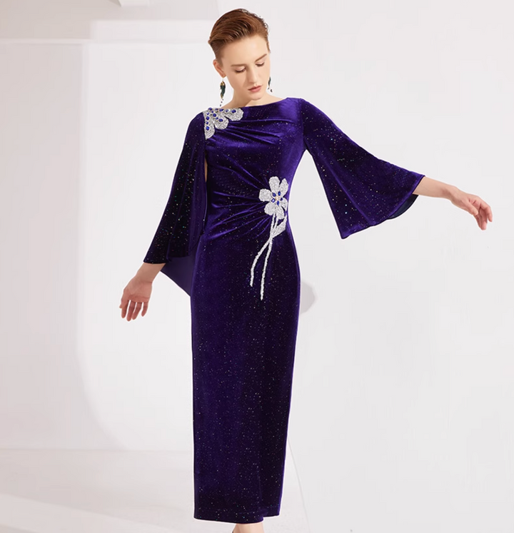 velvet cape-sleeve gown with crystal floral appliqué – MIDNIGHT