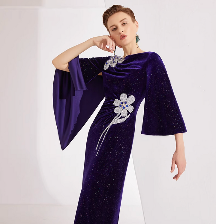 velvet cape-sleeve gown with crystal floral appliqué – MIDNIGHT
