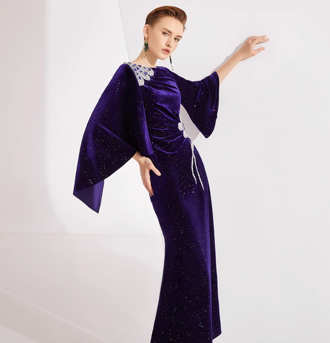 velvet cape-sleeve gown with crystal floral appliqué – MIDNIGHT