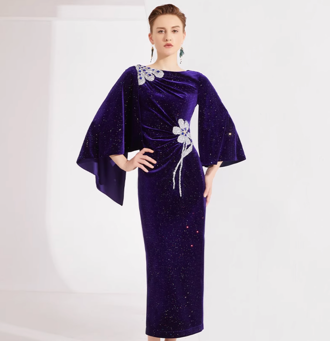 velvet cape-sleeve gown with crystal floral appliqué – MIDNIGHT
