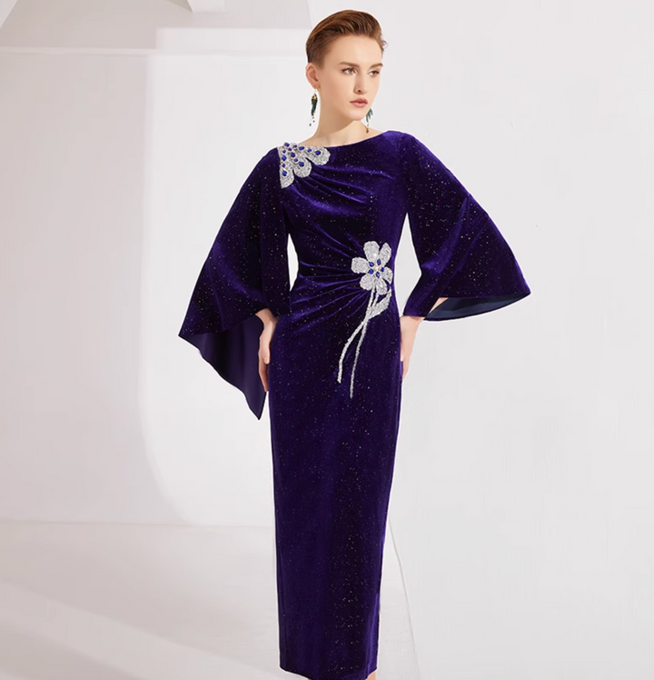 velvet cape-sleeve gown with crystal floral appliqué – MIDNIGHT