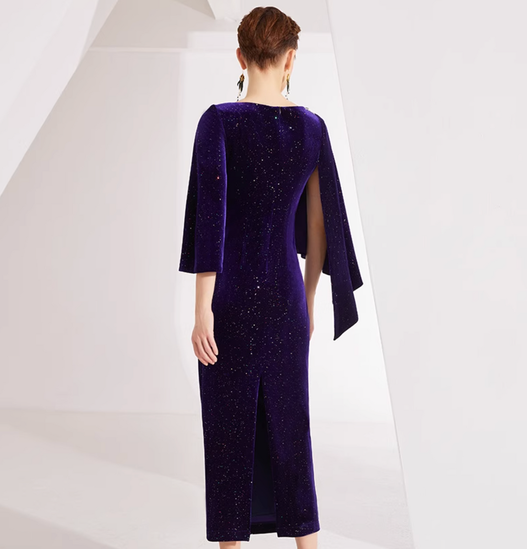 velvet cape-sleeve gown with crystal floral appliqué – MIDNIGHT