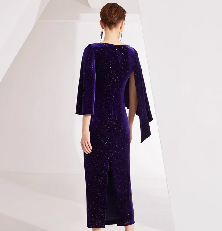 velvet cape-sleeve gown with crystal floral appliqué – MIDNIGHT