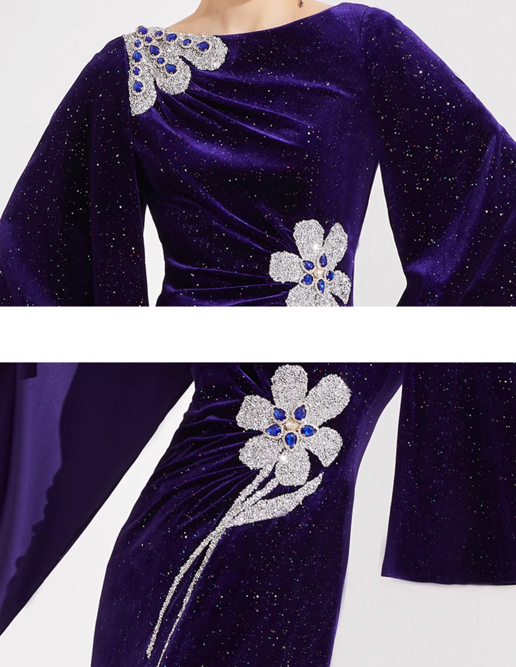 velvet cape-sleeve gown with crystal floral appliqué – MIDNIGHT