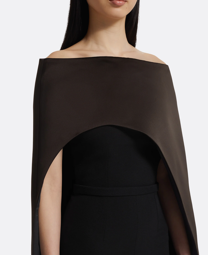 strapless jumpsuit with satin cape overlay – FALEIN