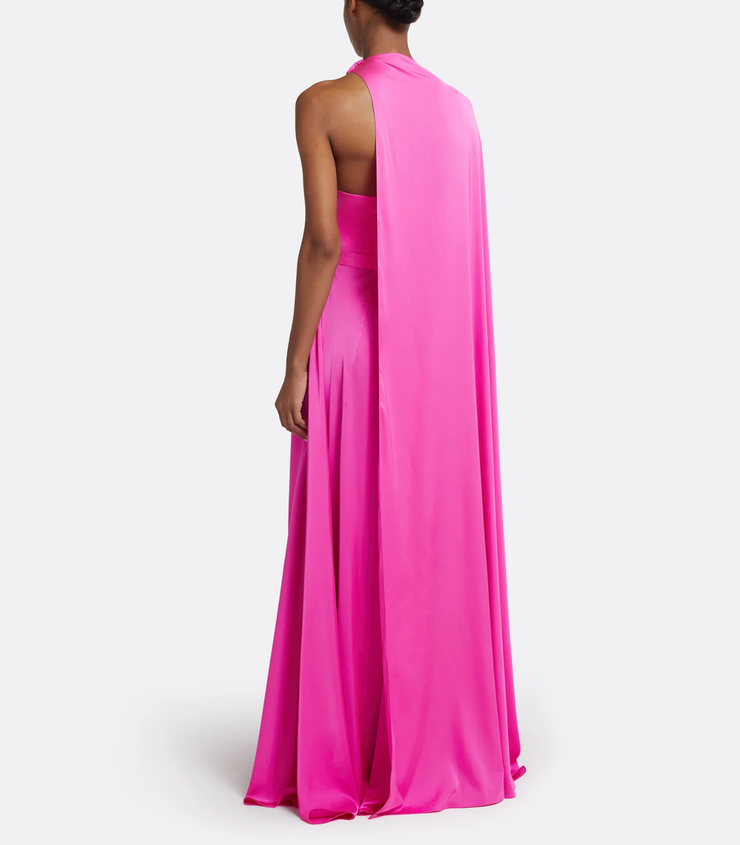 one-shoulder satin gown with flowing cape – FLAMENCA
