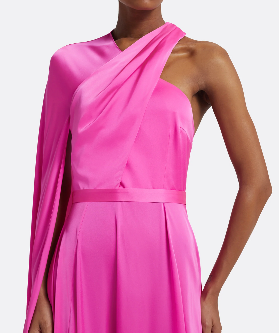 one-shoulder satin gown with flowing cape – FLAMENCA