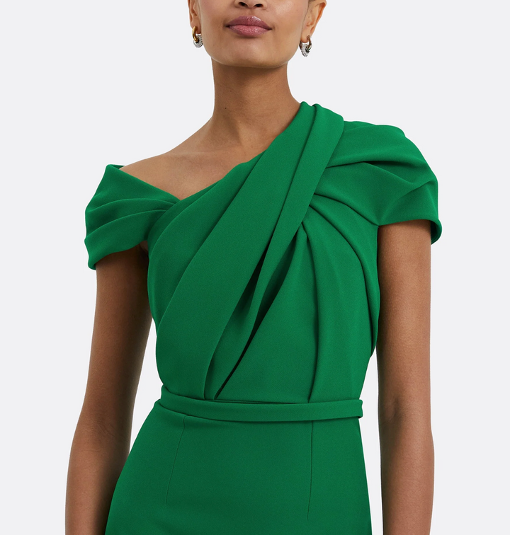 off-shoulder pencil dress with pleated bodice – ZEYILA