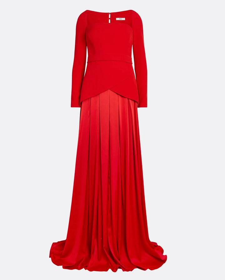 فستان ساتان بأكمام طويلة وصدرية منظمة - كريمسون
