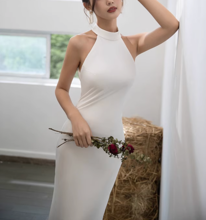 halter neck column gown with high neckline – DIRYAN