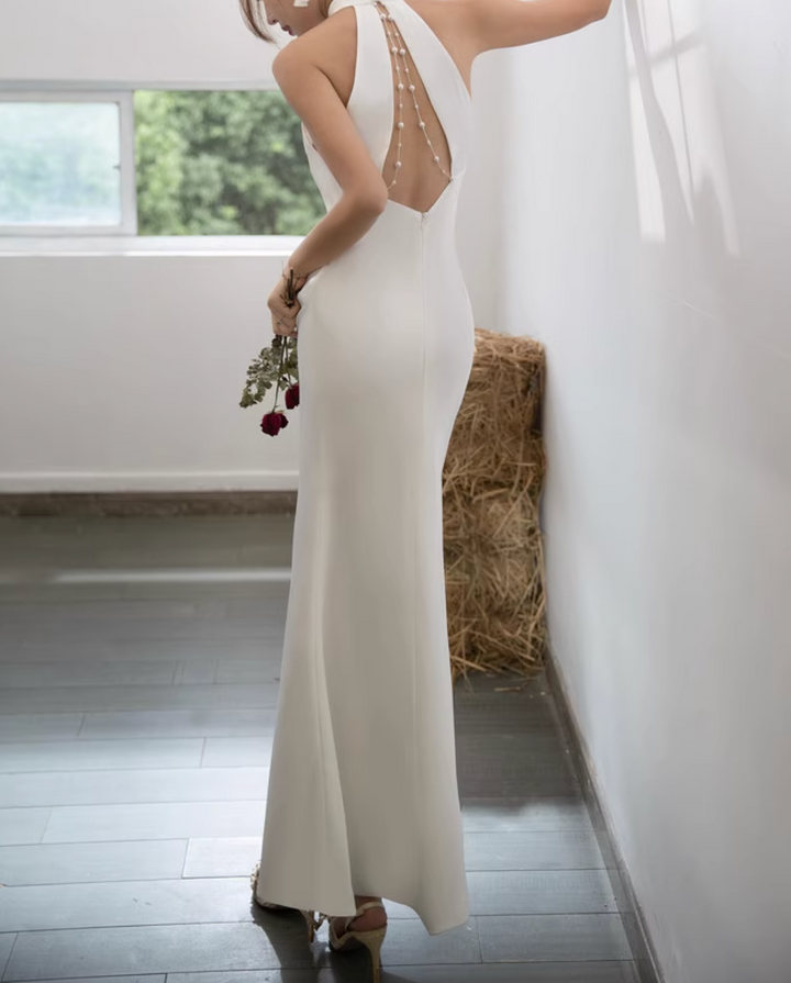 halter neck column gown with high neckline – DIRYAN