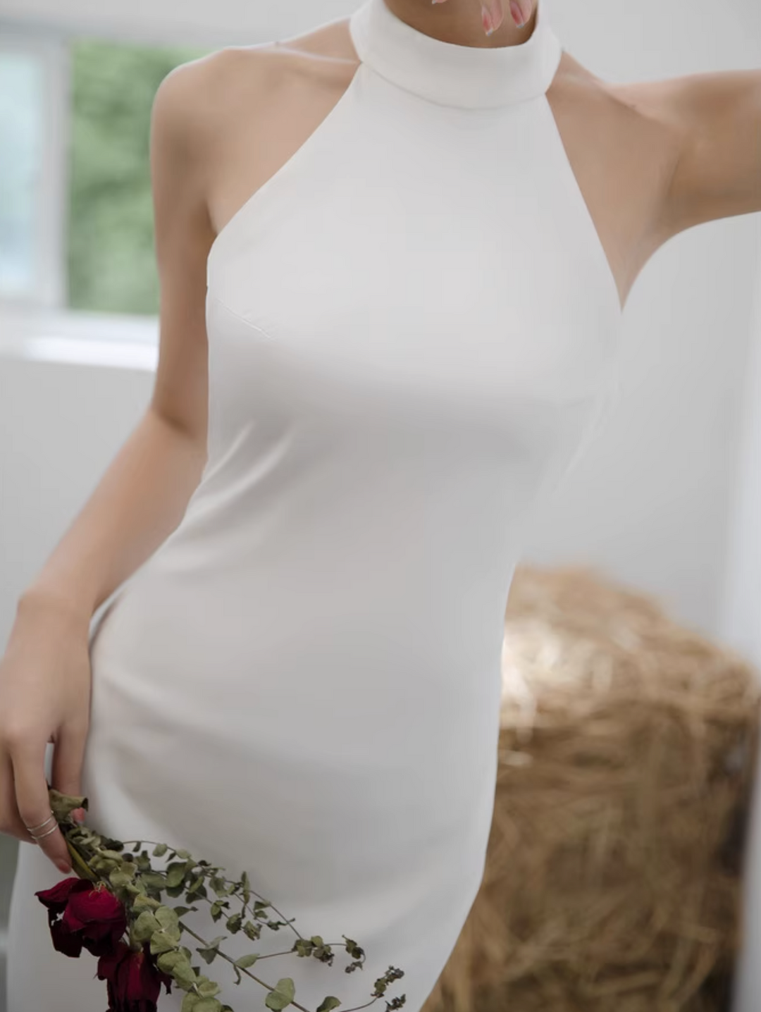 halter neck column gown with high neckline – DIRYAN